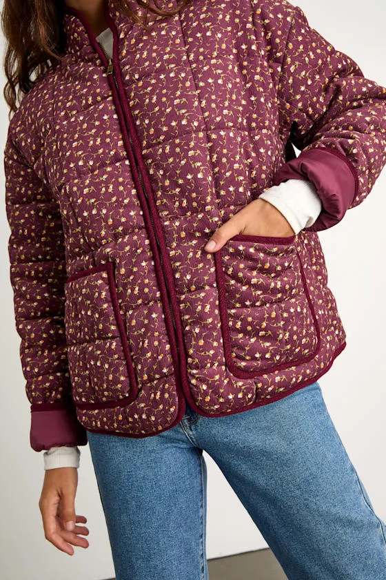 Bundled Perfection Burgundy Floral Quilted Puffer Jacket sold by Lulus product image thumbnail 2