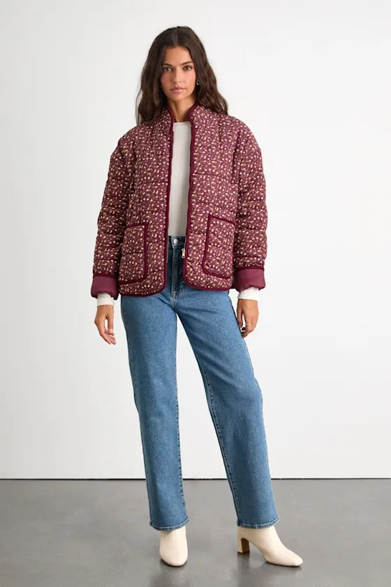 Bundled Perfection Burgundy Floral Quilted Puffer Jacket sold by Lulus product image thumbnail 3