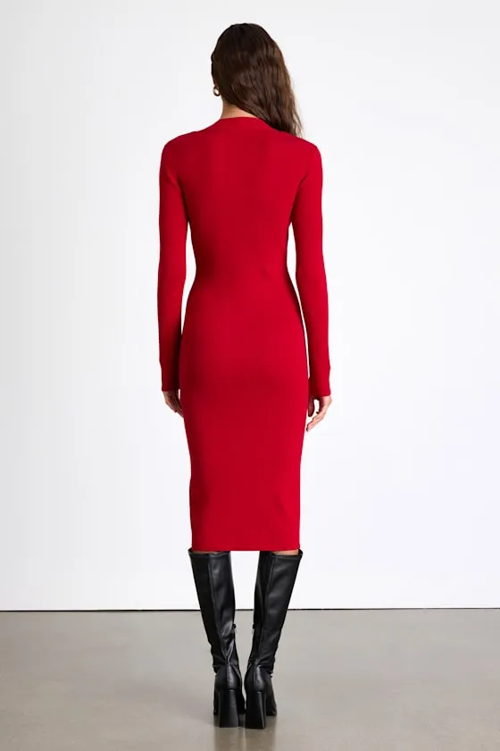 Adoring Me Red Ribbed Long Sleeve Midi Sweater Dress sold by Lulus product image thumbnail 3