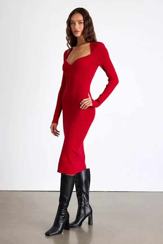 Adoring Me Red Ribbed Long Sleeve Midi Sweater Dress sold by Lulus product image thumbnail 4