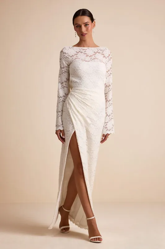 Odariya Ivory Lace Cowl Back Maxi Dress sold by Lulus
