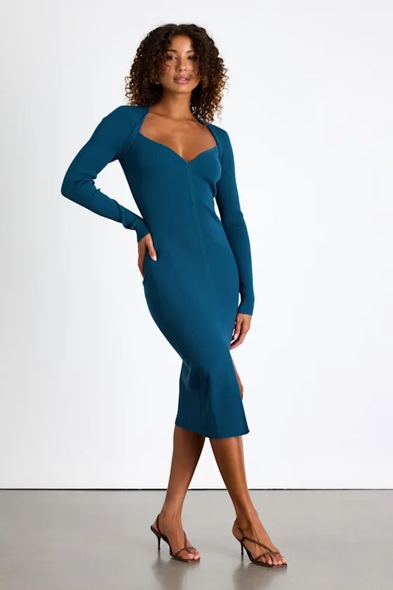 Adoring Me Dark Teal Ribbed Long Sleeve Midi Sweater Dress sold by Lulus product image thumbnail 4