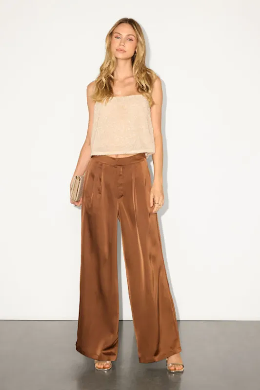Bessah Light Brown Satin Wide Leg Mid-Rise Trouser Pants sold by Lulus