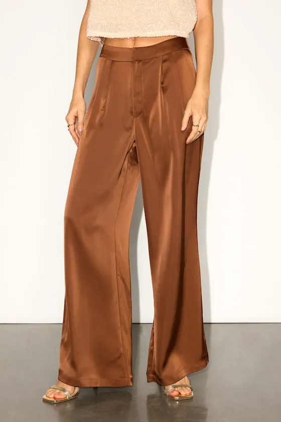 Bessah Light Brown Satin Wide Leg Mid-Rise Trouser Pants sold by Lulus product image thumbnail 2