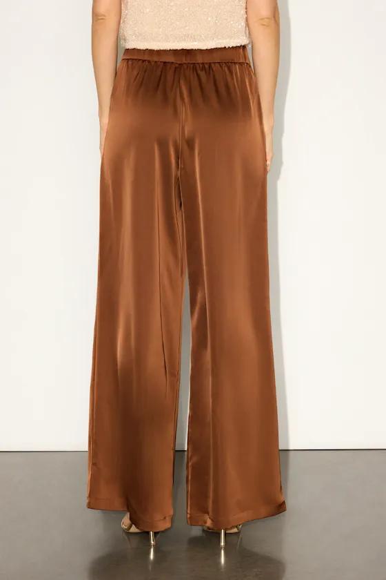 Bessah Light Brown Satin Wide Leg Mid-Rise Trouser Pants sold by Lulus product image thumbnail 3