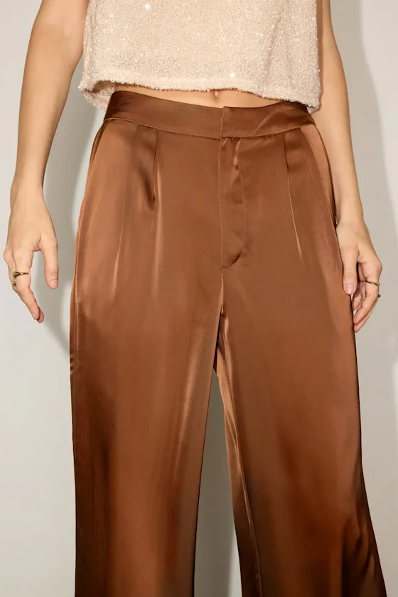 Bessah Light Brown Satin Wide Leg Mid-Rise Trouser Pants sold by Lulus product image thumbnail 4