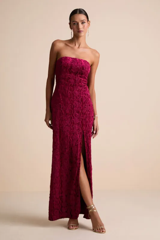 Chic Grace Burgundy Velvet Floral Applique Strapless Maxi Dress sold by Lulus