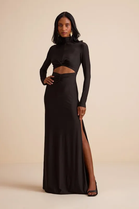 Dempsey Black Slinky Knit Cutout Mock Neck Maxi Dress sold by Lulus