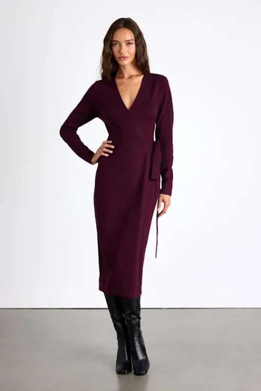 Literary Lover Dark Plum Midi Wrap Sweater Dress sold by Lulus