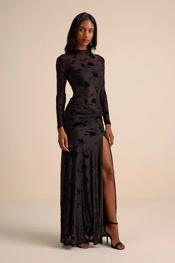 Charlize Black Sheer Mesh Velvet Burnout Maxi Dress sold by Lulus product image thumbnail 4