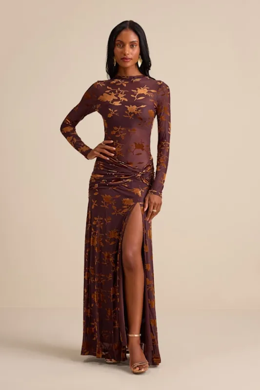 Charlize Brown Sheer Mesh Velvet Burnout Maxi Dress sold by Lulus