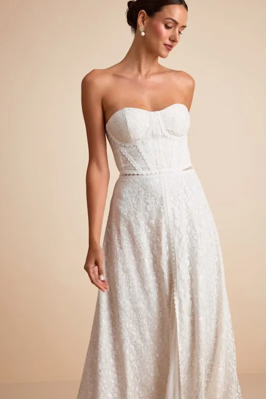 Eldoria White Lace Strapless Bustier Maxi Dress sold by Lulus