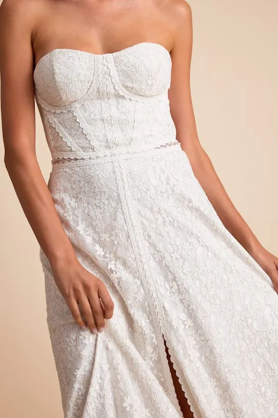 Eldoria White Lace Strapless Bustier Maxi Dress sold by Lulus product image thumbnail 3