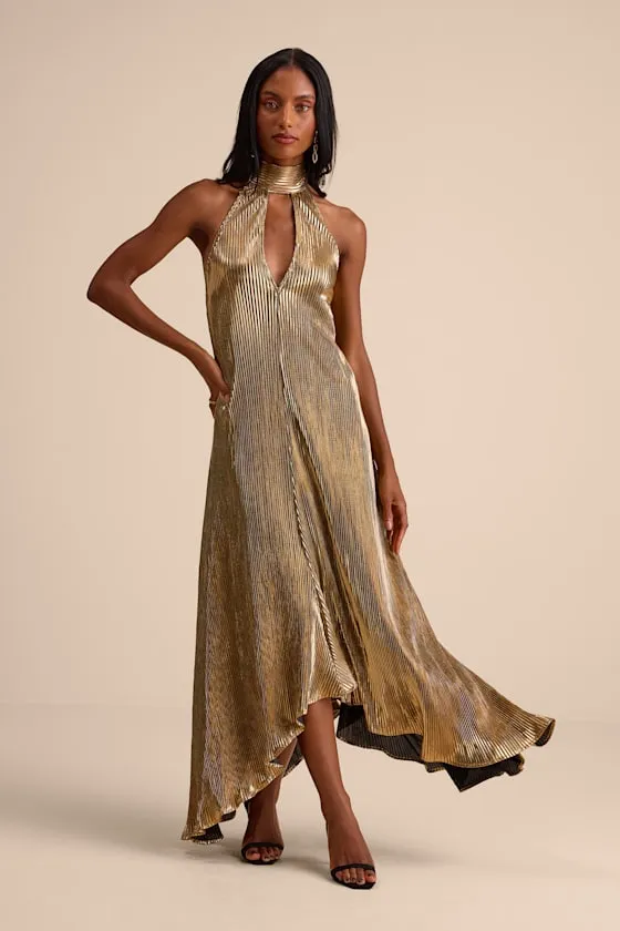 Verlice Metallic Gold Plisse Pleated Cutout Maxi Dress sold by Lulus