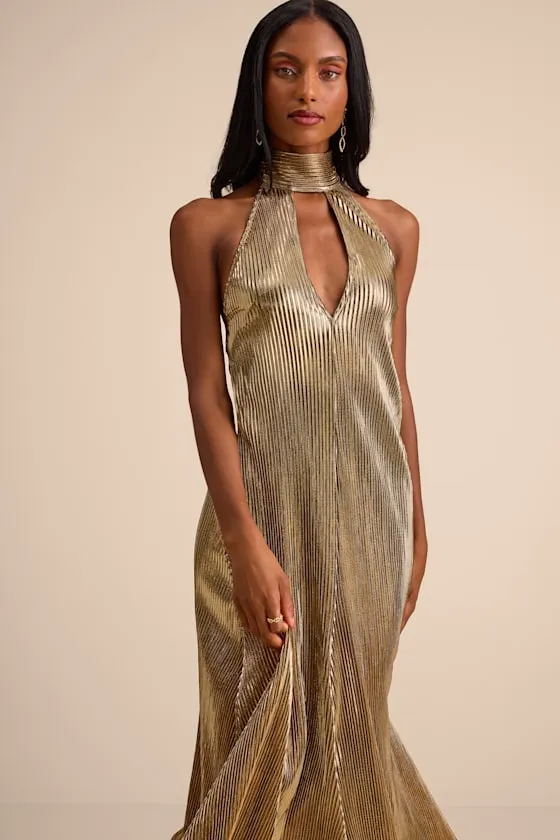 Verlice Metallic Gold Plisse Pleated Cutout Maxi Dress sold by Lulus product image thumbnail 2