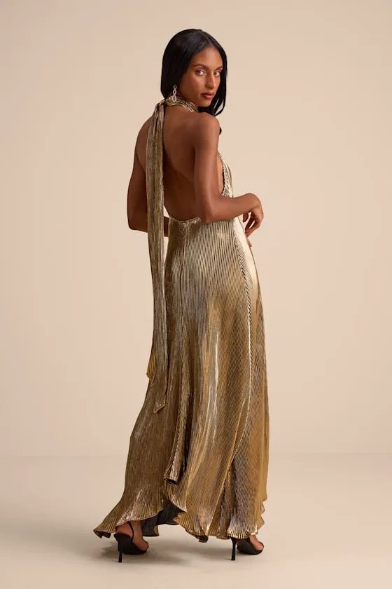 Verlice Metallic Gold Plisse Pleated Cutout Maxi Dress sold by Lulus product image thumbnail 3