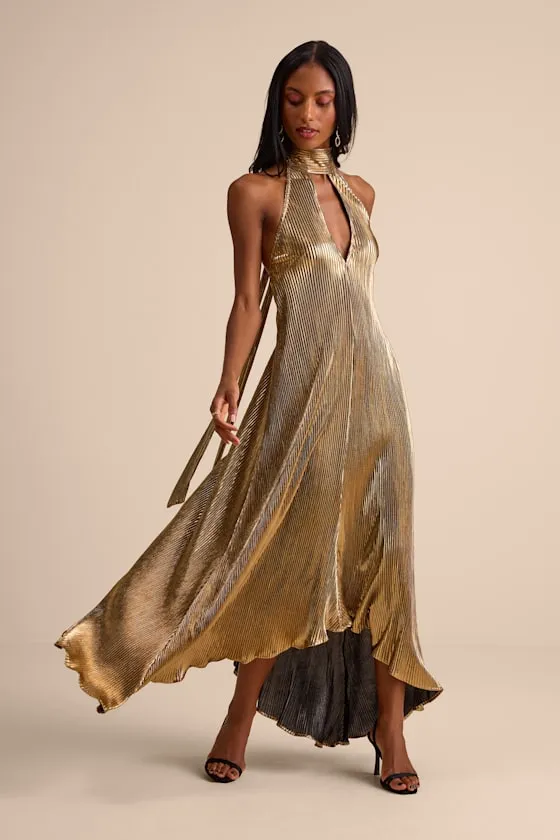 Verlice Metallic Gold Plisse Pleated Cutout Maxi Dress sold by Lulus product image thumbnail 4