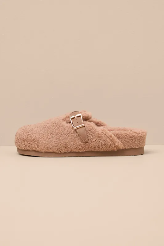 Anina Natural Plush Faux Fur Buckle Mule Slippers sold by Lulus