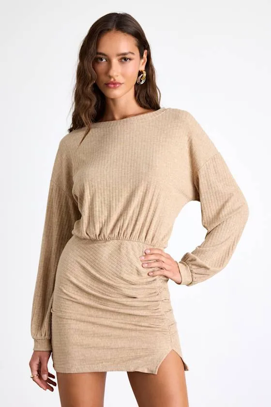 Tionne Heather Beige Ribbed Long Sleeve Mini Dress sold by Lulus