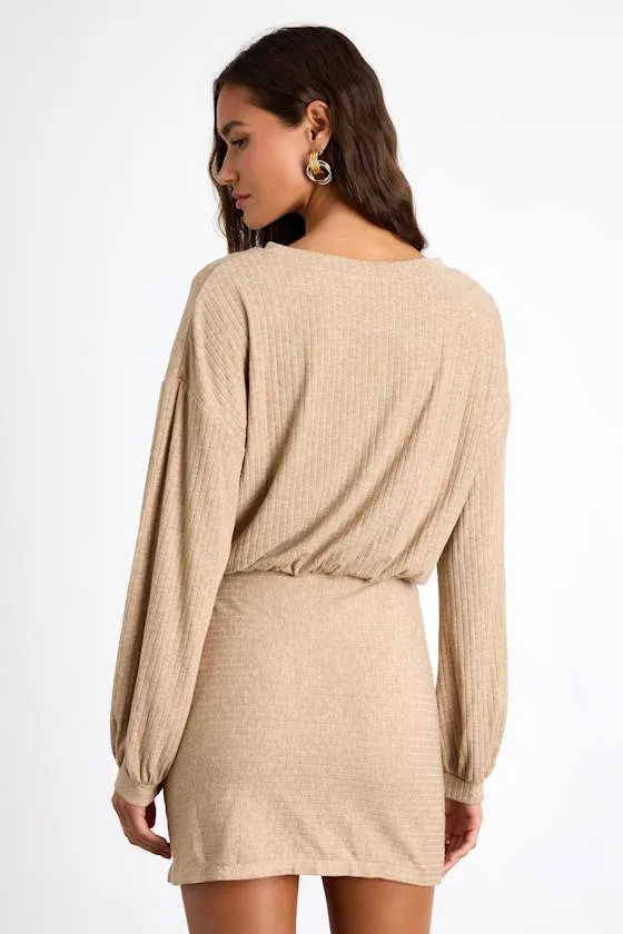 Tionne Heather Beige Ribbed Long Sleeve Mini Dress sold by Lulus product image thumbnail 2