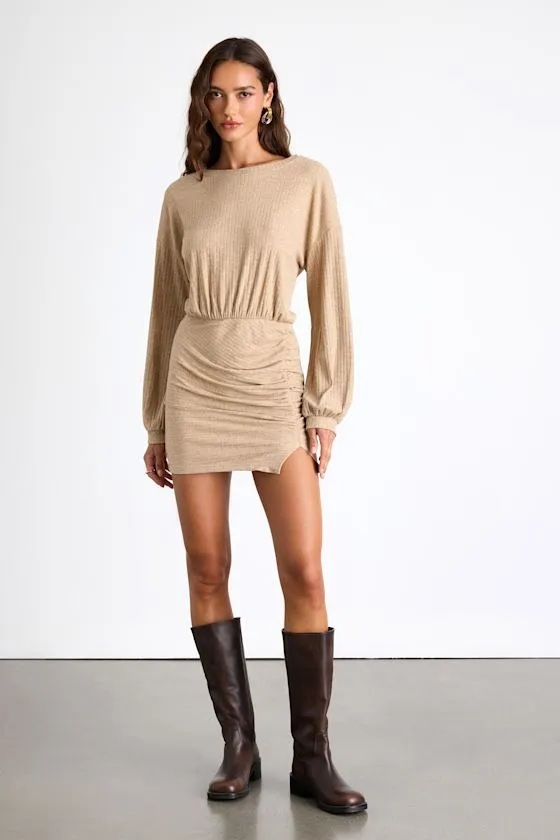 Tionne Heather Beige Ribbed Long Sleeve Mini Dress sold by Lulus product image thumbnail 3