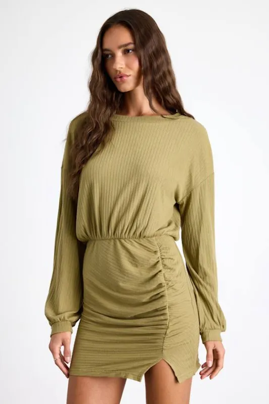 Tionne Light Olive Ribbed Long Sleeve Mini Dress sold by Lulus