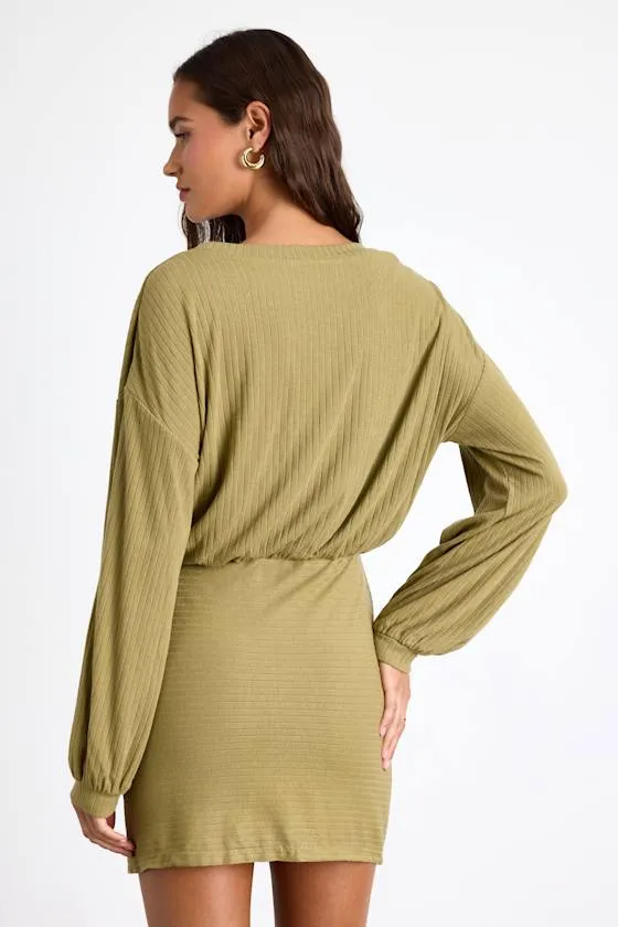 Tionne Light Olive Ribbed Long Sleeve Mini Dress sold by Lulus product image thumbnail 3