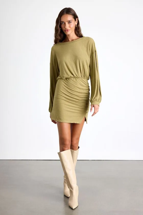 Tionne Light Olive Ribbed Long Sleeve Mini Dress sold by Lulus product image thumbnail 4