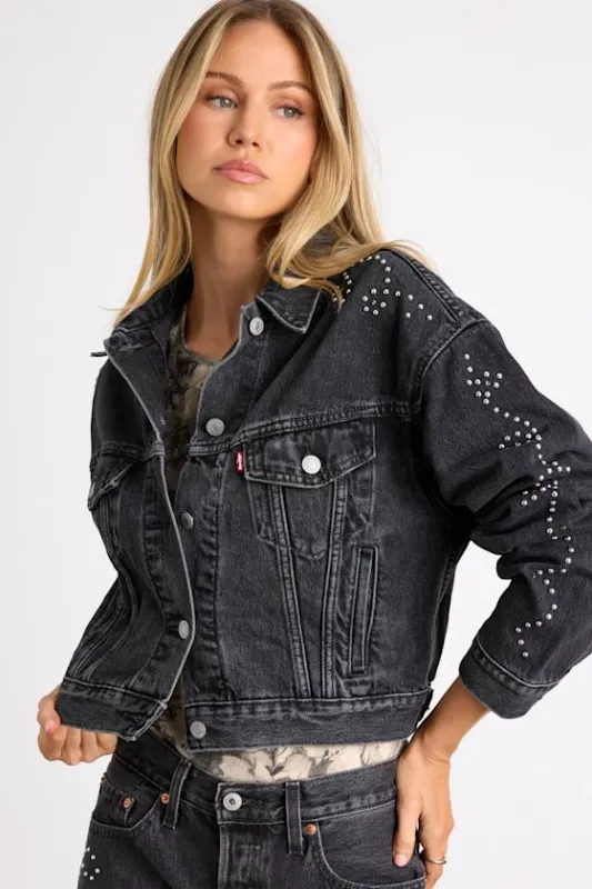 Shrunken '90s Washed Black Denim Studded Trucker Jacket sold by Lulus