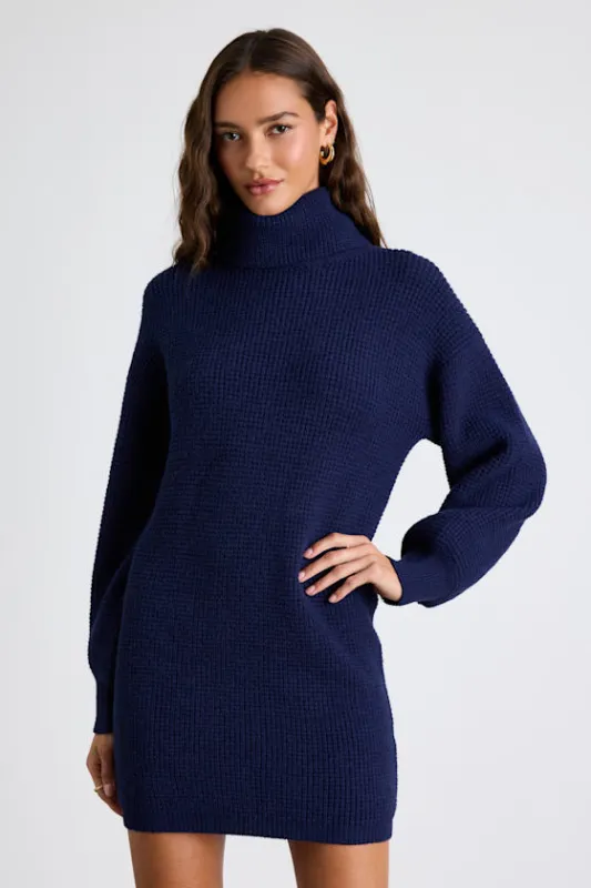 Casual Coziness Navy Waffle Knit Cowl Neck Sweater Dress sold by Lulus