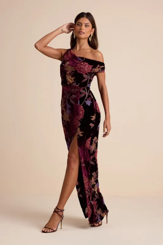 Marnella Burgundy Floral Velvet Burnout Asymmetrical Maxi Dress sold by Lulus