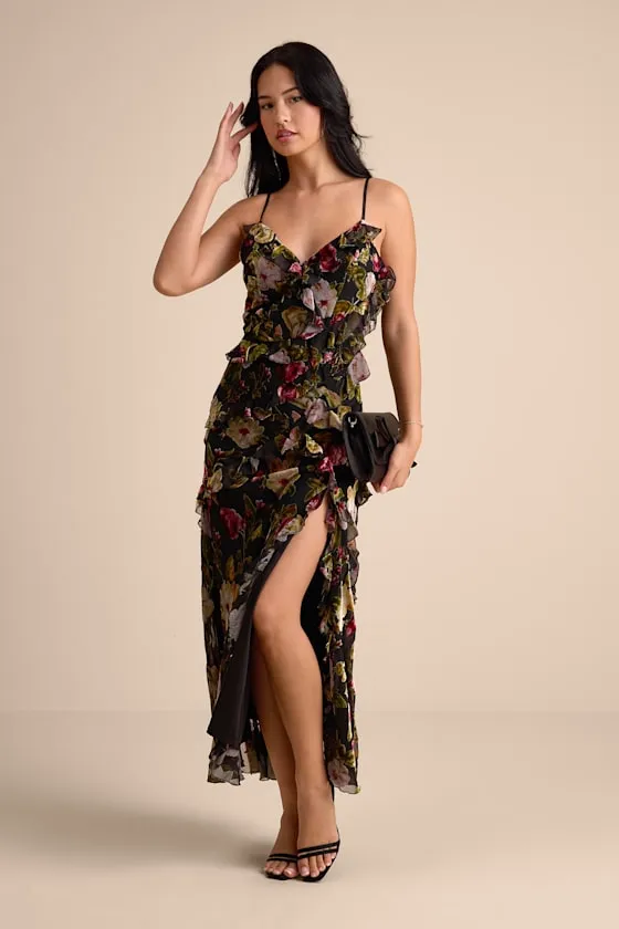 Shona Black Multi Velvet Jacquard Ruffled Maxi Dress sold by Lulus