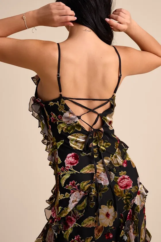 Shona Black Multi Velvet Jacquard Ruffled Maxi Dress sold by Lulus product image thumbnail 2