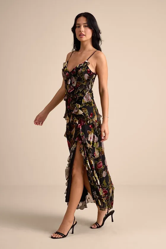 Shona Black Multi Velvet Jacquard Ruffled Maxi Dress sold by Lulus product image thumbnail 3