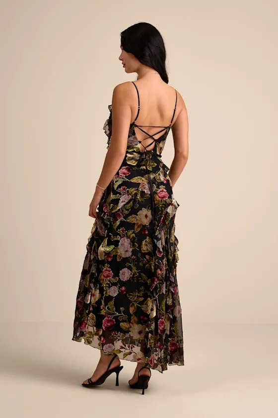 Shona Black Multi Velvet Jacquard Ruffled Maxi Dress sold by Lulus product image thumbnail 4