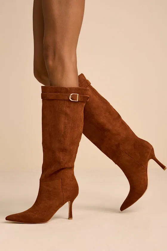 Ronette Brown Suede Slouchy Buckle Knee-High Boots sold by Lulus