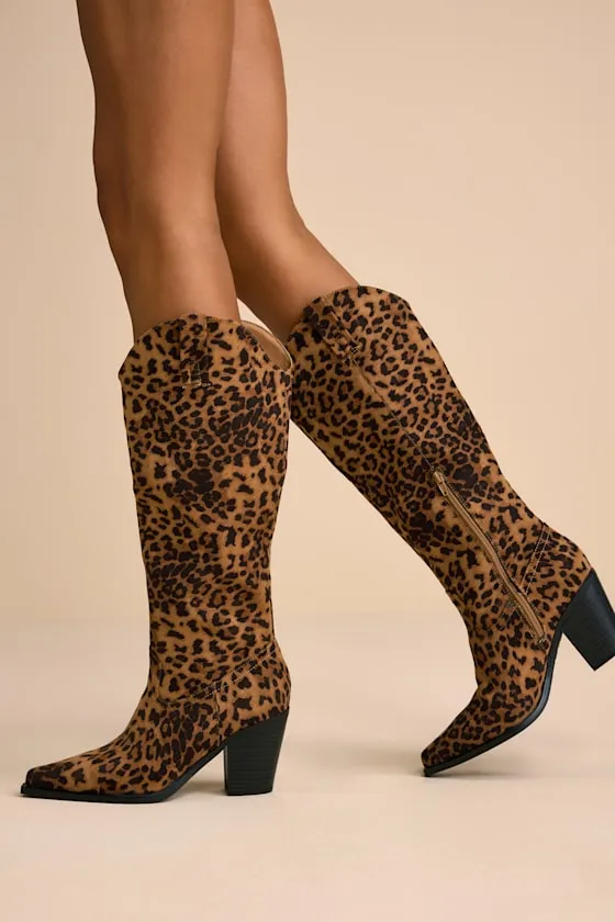 Messini Leopard Suede Pointed-Toe Knee-High Boots sold by Lulus