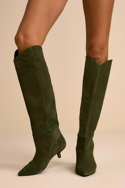 Love In A Mist Olive Suede Leather Knee-High Kitten Heel Boots sold by Lulus