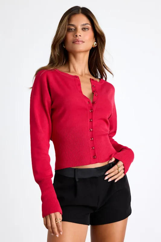Liraline Red Button-Front Ribbed Cuff Cardigan Sweater sold by Lulus