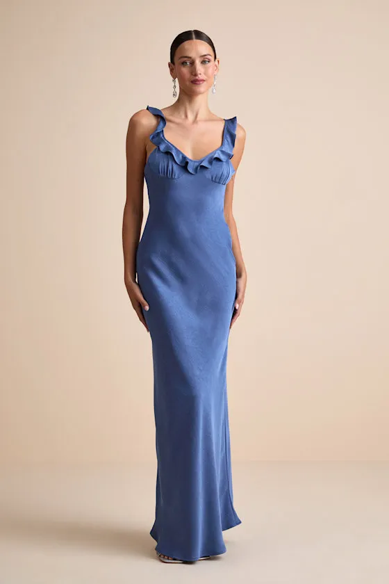 Angela Blue Satin Ruffed Slip Maxi Dress sold by Lulus product image thumbnail 2