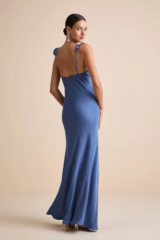 Angela Blue Satin Ruffed Slip Maxi Dress sold by Lulus product image thumbnail 4