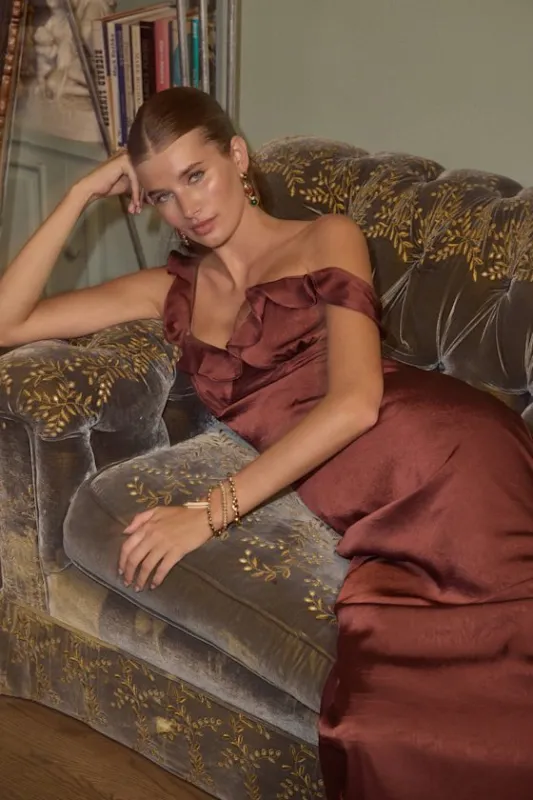 Angela Brown Satin Ruffed Slip Maxi Dress sold by Lulus