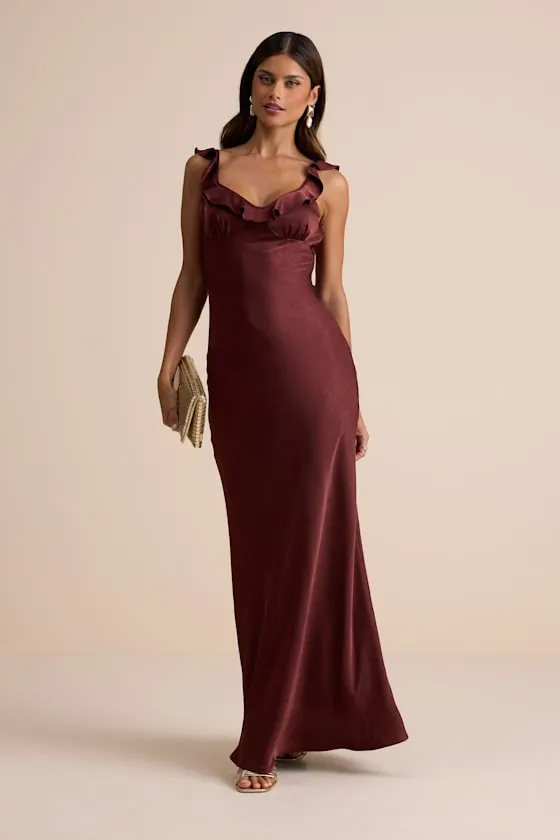 Angela Brown Satin Ruffed Slip Maxi Dress sold by Lulus product image thumbnail 2