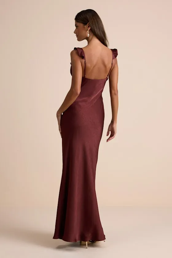 Angela Brown Satin Ruffed Slip Maxi Dress sold by Lulus product image thumbnail 4