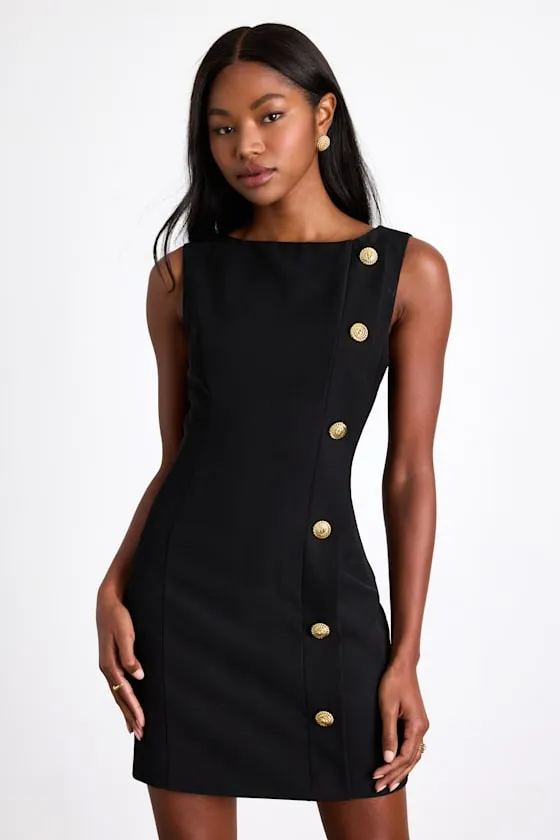 Paedyn Black Boat Neck Side-Button Mini Dress sold by Lulus