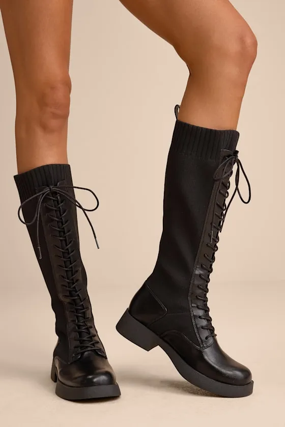 Carmen Black Knit Knee-High Lace-Up Sock Boots sold by Lulus