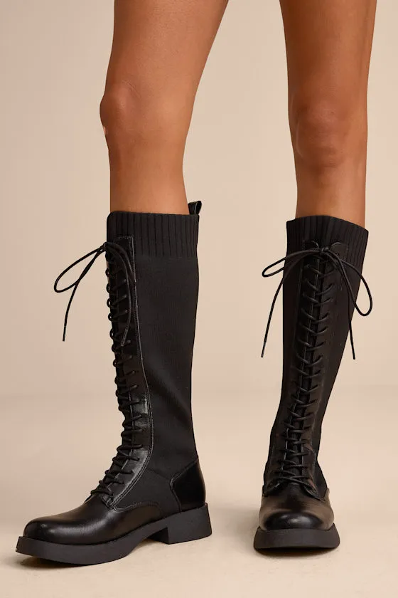 Carmen Black Knit Knee-High Lace-Up Sock Boots sold by Lulus product image thumbnail 2