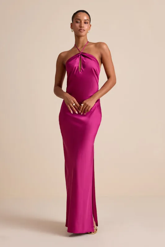 Gracie Magenta Satin Halter Neck Maxi Dress sold by Lulus