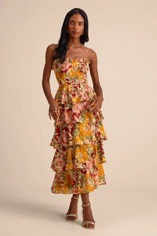 Nahya Yellow Multi Floral Strapless Tiered Midi Dress sold by Lulus