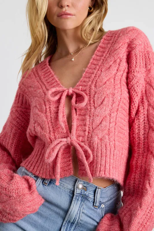 Khailyn Coral Pink Cable Knit Tie-Front Cardigan Sweater sold by Lulus